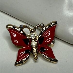 Vintage old pin back Red enamel Butterfly Brooch pin micro mini